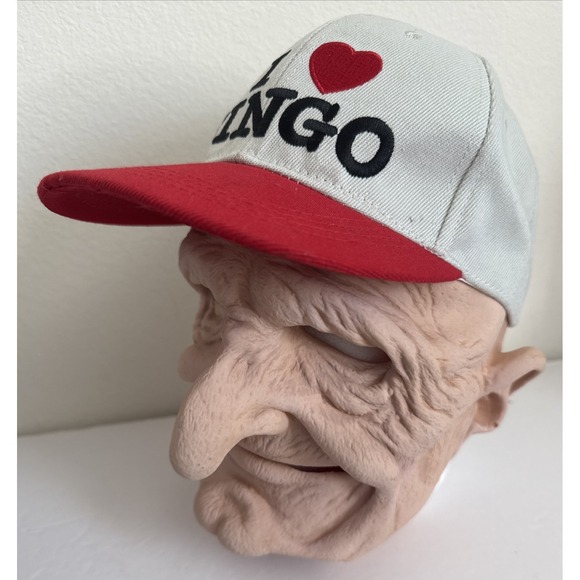 By By Other - Old Man Adult Latex Full Face Mask " I ❤️Bingo" Hat Creepy Face With Ball Cap